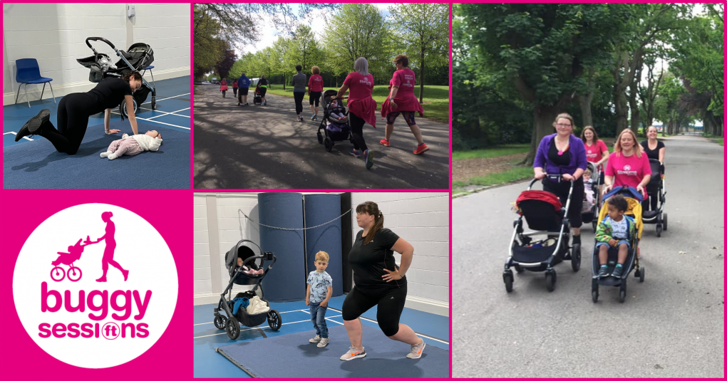 Montage of adults with children working out at boot camp and on a buggy walk