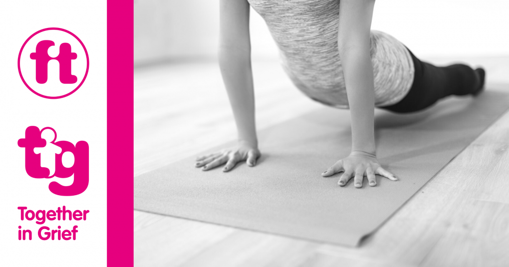 A black and white image of a lady in a yoga pose on a mat, plus logos for Fitmums & Friends and Together in Grief