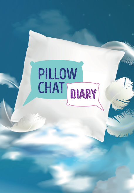 A flyer for the Pillow Chat Diary. It shows a cushion against a blue and cloudy sky, with feathers floating. The words read Pillow Chat Diary.