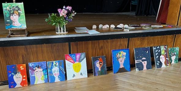 A display of paintings.