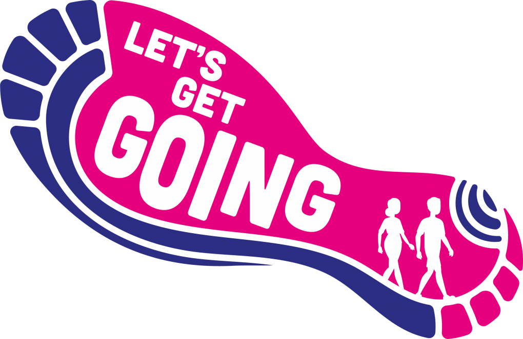 Let's Get Going logo in the shape of a trainer footprint, featuring a man and woman walking