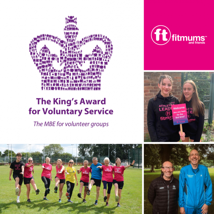 A montage of images including The King's Award for Voluntary Service emblem, the Fitmums & Friends logo, and three photos of Fitmums & Friends members