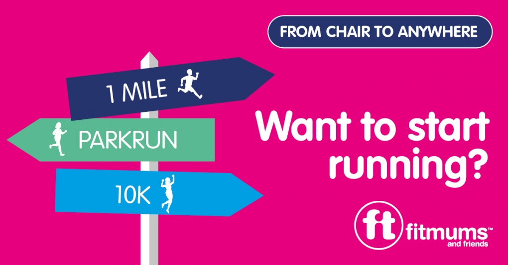 Question: 'Want to start running?' accompanied by signposts pointing to 1 mile, parkrun and 10k, illustrated with runner silhouettes