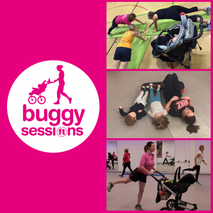 montage of buggy sessions logo and people taking part in a boot camp