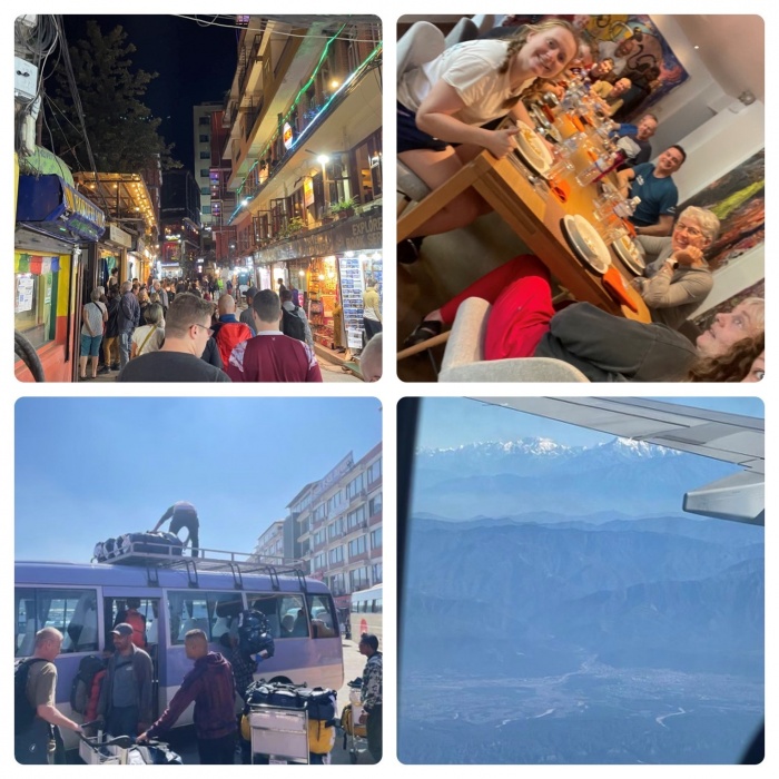 4 picture collage showing view from plane, team of people at at dinner table, people loading the bus with luggage and people walking down a busy street