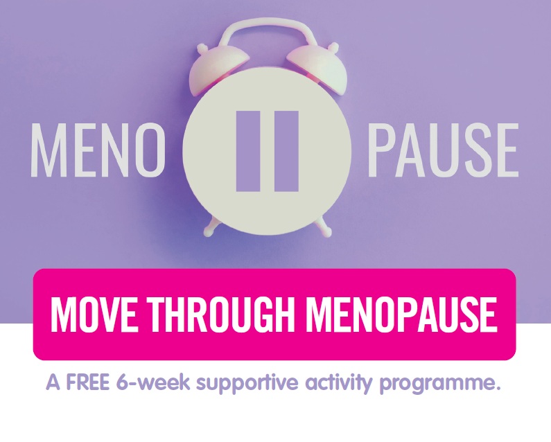 Text reads "menopause" and "let's get going". Image shows a paused alarm clock.