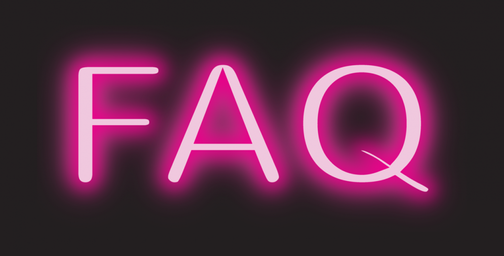 FAQ in pink neon on a black background