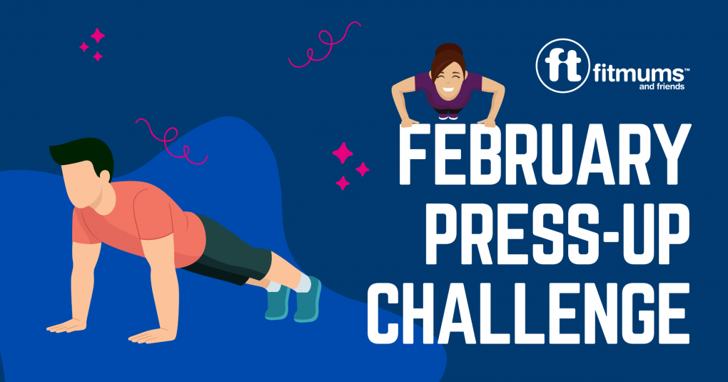 A graphic showing two cartoon figures doing press-ups with the words 'February Press-Up Challenge'.