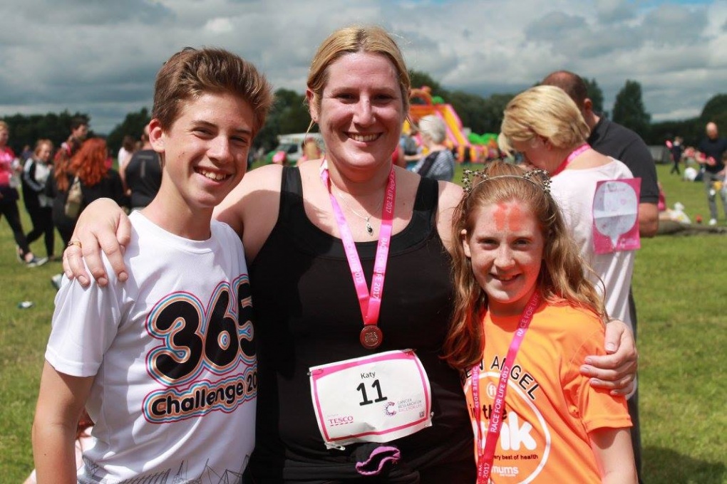 Hull cancer survivor, Katy Featherston, with her cousins Ollie and Emmie, after completing Race for Life in Hull in 2017
