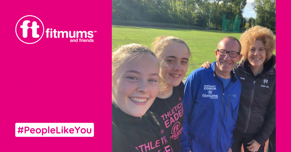 Two teen girls and two adults in Fitmums & Friends coaching kit smiling at the camera. Text reads #PeopleLikeYou.
