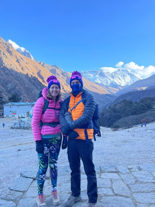 Emma and Stuart sporting their Big Bobble Hats at Everest Base Camp