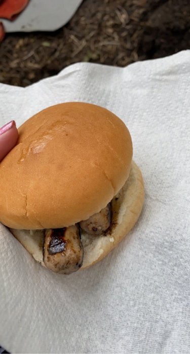 Two cooked sausages in a bun