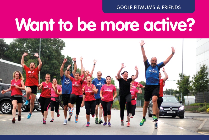 Image of men and women in blue and pink Fitmums vests running and jumping, titled "Want to be more active?"