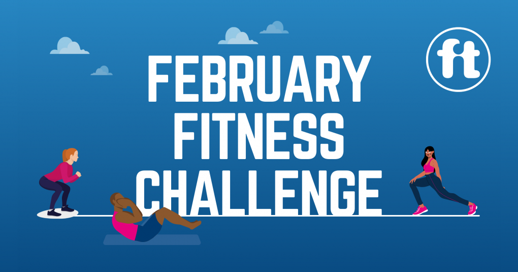 Three cartoon figures doing exercises in front of a blue sky background. Text reads February Fitness Challenge.