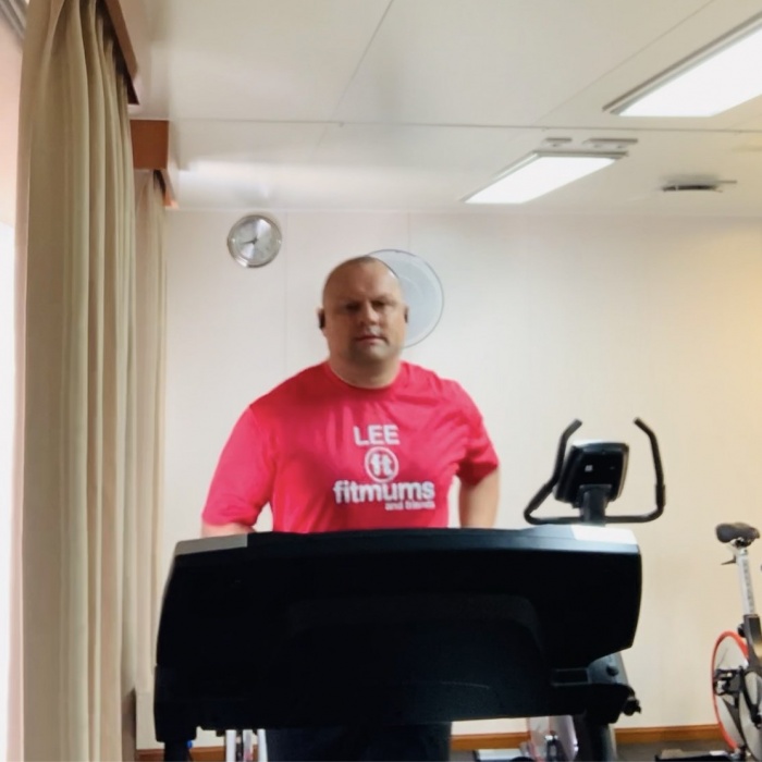 Lee running on a treadmill.