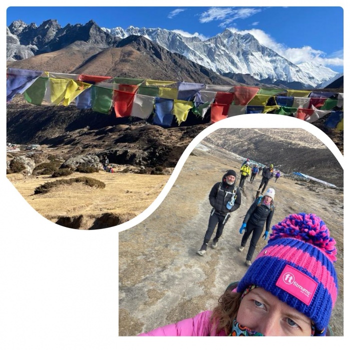 pictures show line of coloured flags and Emma in a Fitmums Bobble hat and a line of people walking behind
