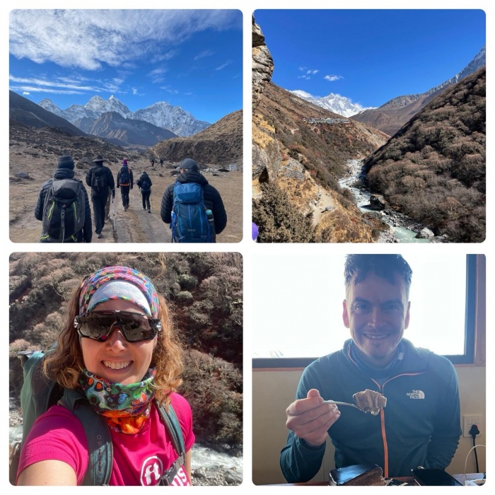 group of pictures show  team walking from behind, glacial river, Emma with sunglasses on and Stu eating cake!